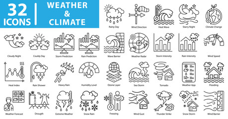 Weather and climate icon set including storm, rain, wind, heat, flood, drought, tornado, humidity, weather radar, and climate change for forecasting and environment.