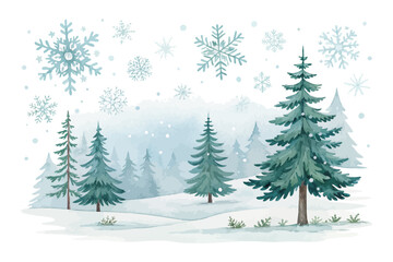 Winter snowflakes & pine trees in watercolor style