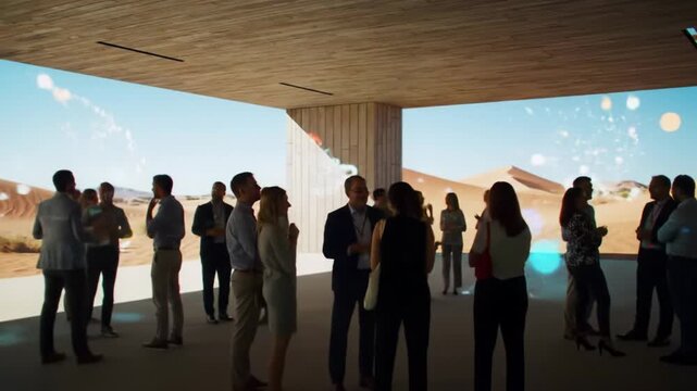 Large business group team building under desert canopy with holographic displays
