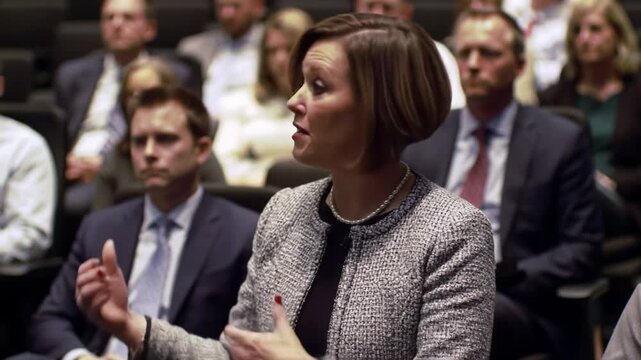 Businesswoman delivering keynote speech at international conference