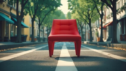 Red chair placed on a city street crossing with trees and buildings in the background. Modern furniture and urban environment. Design and interior concept.