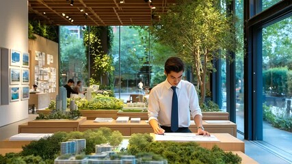 An intern files permits in a city planning office with maps spread across desks blueprints pinned to walls phones buzzing with inquiries and urban models displayed on a table