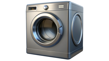 Sleek silver washing machine isolated on transparent background, a modern and efficient appliance for any home laundry room, clean and ready to use