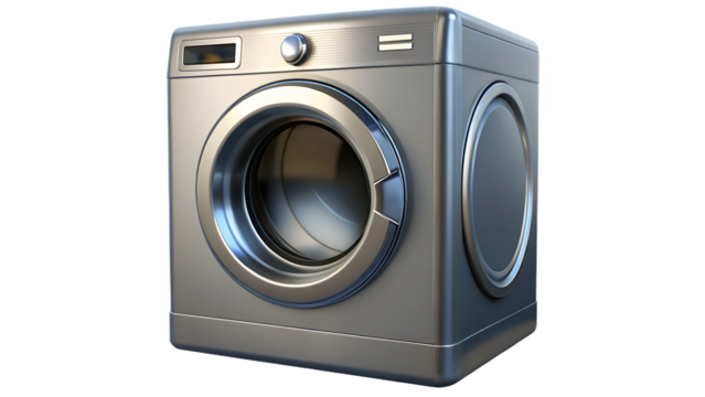 Sleek silver washing machine isolated on transparent background, a modern and efficient appliance for any home laundry room, clean and ready to use