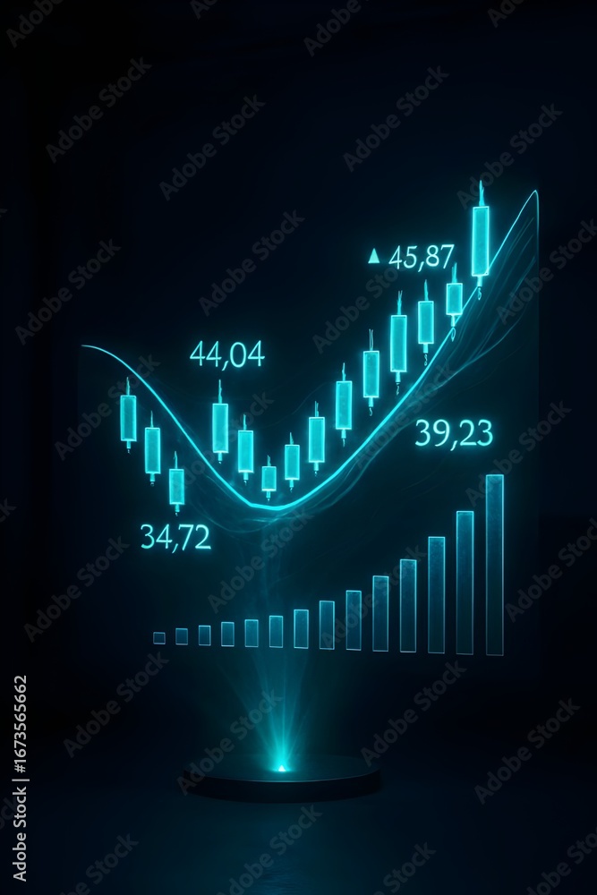 Poster a vibrant blue stock market chart displaying an upward trend with candlestick patterns and numerical