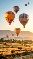 Obraz premium Colorful Hot Air Balloons Soaring Over Scenic Landscape at Sunrise.