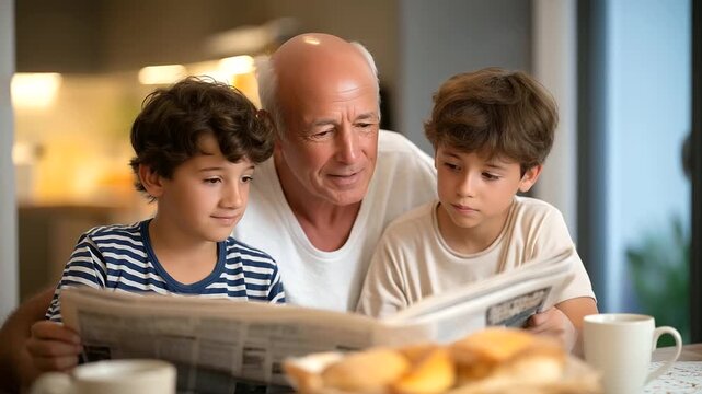 Grandparents read newspapers with their 10 year old grandkids over breakfast in a dining area with coffee mugs steaming pages rustling and discussions ensuing depicted in a info