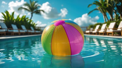 Colorful beach ball floating in swimming pool with palm trees and lounge chairs in the background. Summer, relaxation, and vacation concept. Water and leisure activities.