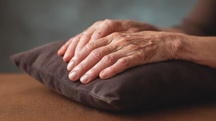 Fototapeta premium A close-up of hands tightly hugging a black pillow, symbolizing embracing mistakes and learning from failure. Acceptance of failure.
