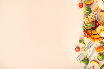 Baby finger food, various baby snacks, pasta, vegetables, fruits