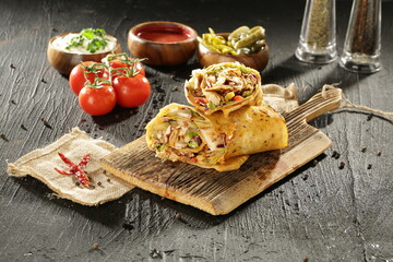 "Traditional Turkish Doner Kebab Plate with Fresh Vegetables, French Fries, and Sauces on Rustic Background"