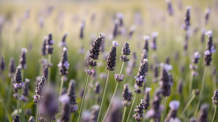 Fototapeta premium Field of lavender swaying in breeze under soft diffused daylight. Ideal for wellness and mindful lifestyle branding with macro photography capturing natural beauty.