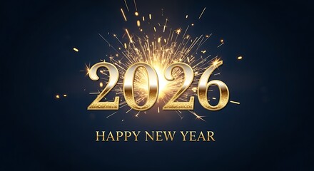 Golden 2026 with sparks and happy new year wishes for a festive celebration and a bright future, perfect for holiday greetings and event invitations