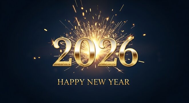 Golden 2026 with sparks and happy new year wishes for a festive celebration and a bright future, perfect for holiday greetings and event invitations - Powered by Adobe