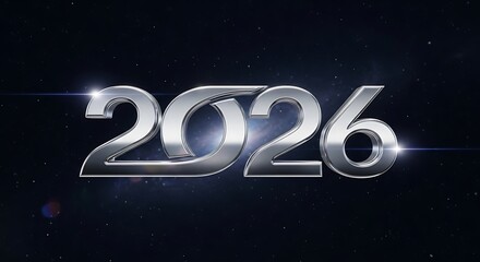 A gleaming metallic 2026 stands out against a dark, starry backdrop, symbolizing the anticipation and excitement for the upcoming year with a futuristic touch