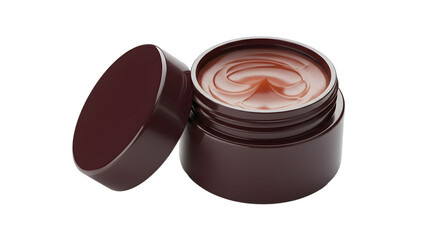 Open jar of brown face cream with heart-shaped swirl on surface, moisturizing beauty product for skincare and self-care routines