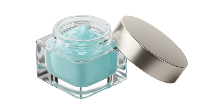 Open glass jar of light blue cosmetic cream with metallic lid, isolated on white background, perfect for skincare and beauty content