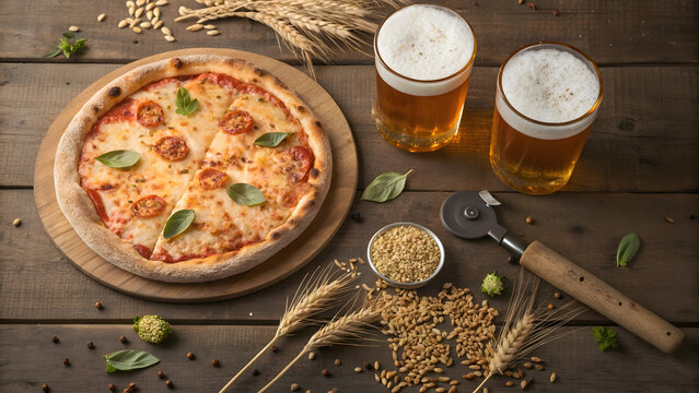 Delicious margherita pizza with two glasses of beer and ingredients on rustic wooden table - Powered by Adobe
