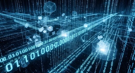 Abstract digital network of glowing blue binary code and geometric shapes
