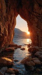 Sunrise through a rocky archway over the sea