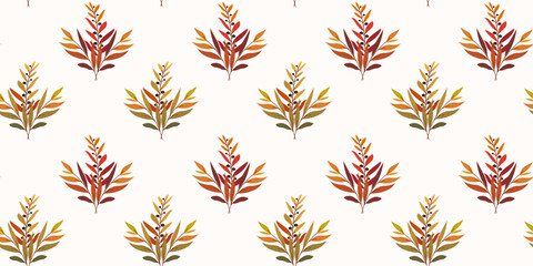 Horizontal seamless pattern with autumnal colorful twigs and berries in a bouquet. Hand drawn flat vector illustration. Universal design for background, fabric print, web, packaging, wallpaper.