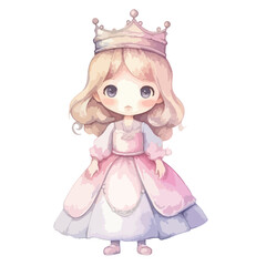 Adorable Watercolor Princess with Crown and Pink Dress Standing Proudly