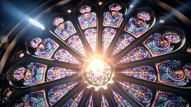 Colorful stained glass window with radiant light.