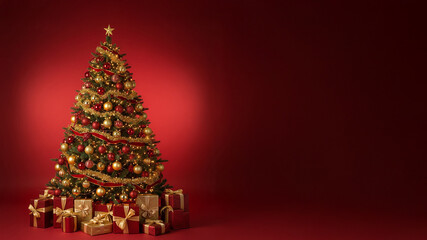Decorated Christmas Tree with Gifts on Red Background