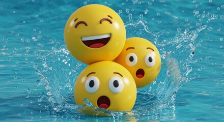 A cheerful yellow smiley face emoticon floats in a pool, a happy symbol of fun and happiness
