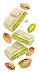 White chocolate bars filled with green pistachio cream and scattered whole pistachio nuts, ideal for dessert recipes and gourmet presentations