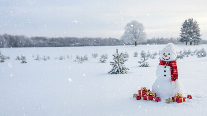 Snowman in Open Field with Red Scarf and Presents