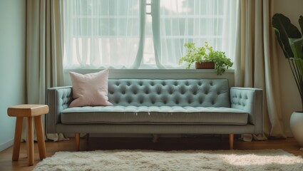 A stylish living room with a light blue tufted sofa, a beige cushion, and a potted plant on the window sill, with sheer curtains and a wooden stool nearby.