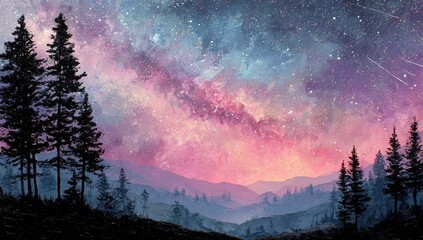 Silhouetted trees frame a misty mountain range under a vibrant night sky