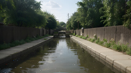 Fototapeta premium Serene canal pathway lined with lush greenery and wooden fences.