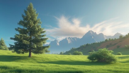 Scenic landscape with a tall tree, lush green meadow, and mountain range in the distance under a bright sky.