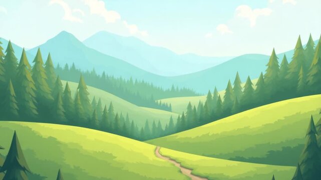 cartoon landscape with hills and forest