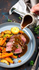 Delicious Roast Beef with Gravy and Roasted Vegetables.