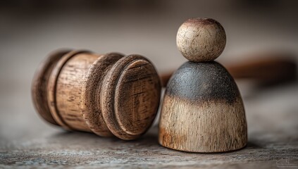 Close-up of aged wooden gavel and figure