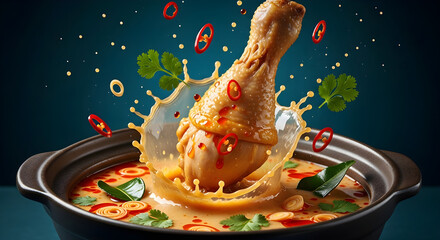 Spice up your culinary projects with this vibrant chicken drumstick in flavorful broth! Perfect for restaurant menus, food blogs, and cooking tutorials showcasing delicious Asian cuisine