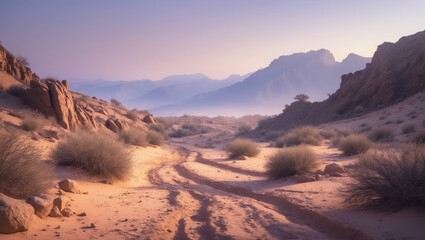 Naklejka premium Desert landscape with rocky formations, dry soil, and sparse bushes, under a sky with soft light and distant mountains.