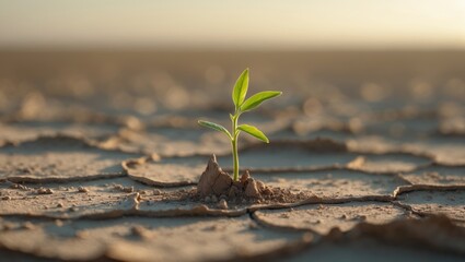 A young plant growing through cracked dry soil, symbolizing resilience and new beginnings in a harsh environment.
