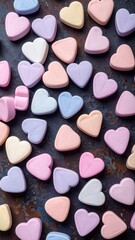 Fototapeta premium Pastel Heart Candies Scattered on Dark Surface Romantic Sweet Treats.