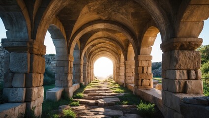 Ancient stone archway with sunlight shining through, featuring a pathway and greenery on either side.