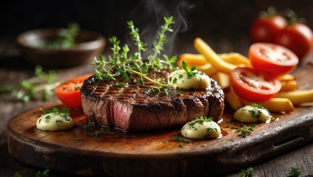 Cooked steak served with herbs, tomatoes, and cheese on a wooden cutting board with vegetables and sauce. Gourmet beef dish. Fresh ingredients and culinary presentation. - Powered by Adobe