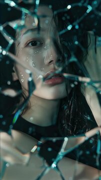 A young woman's face reflected through shattered glass, symbolizing strength and resilience amidst adversity.