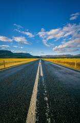 Endless straight road cutting through golden fields and mountains under a vivid blue sky with clouds in Iceland