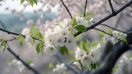 Obraz premium Blossoming white flowers on a tree branch during springtime.