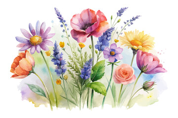 Wildflower Watercolor Bouquet with Lavender, Daisies, and Poppies