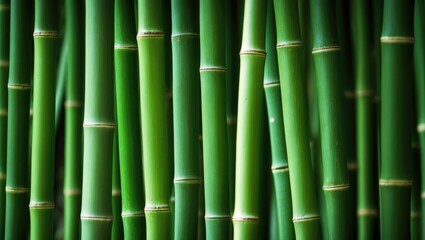 Obraz premium Close-up of bamboo stalks with vibrant green color and segmented structure.