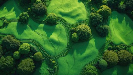 Aerial view of a golf course with lush green terrains and scattered trees.